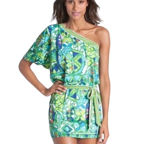 NWT Trina Turk Green Printed Bal Hai One Shoulder Cover up Dress Size Small $165